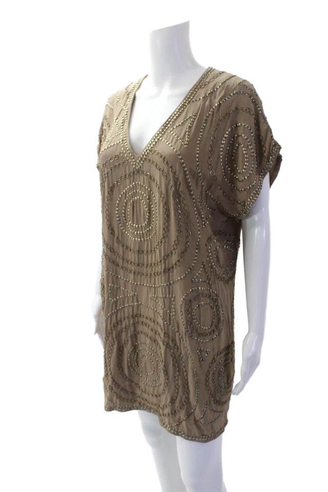 Haute Hippie Womens Silk Studded V Neck Short Sleeves Dress Brown Size Small - Image 2 of 4