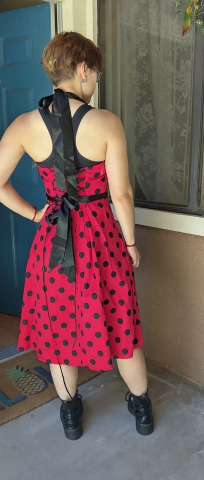 grace karin dress halter cotton pin-up red black polka dot size med - Image 2 of 4