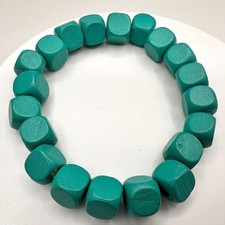 Vintage 90s Green Wooden Cube Bead Stretch Bracelet Boho Handmade Jewelry Retro