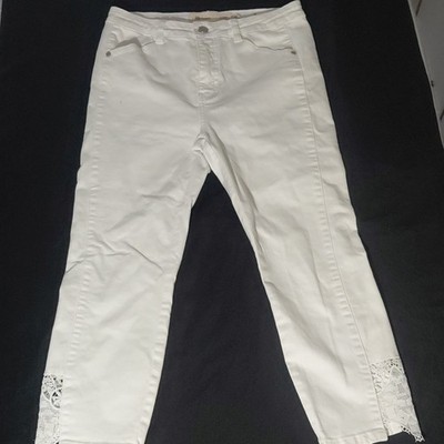 Soft Surroundings White Cropped Denim Pants Lace Hem Skinny Slim Pockets 8Petite