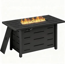43 Inch Propane Fire Pit Table, 50,000 BTU, Steel Lid, Lava Rock