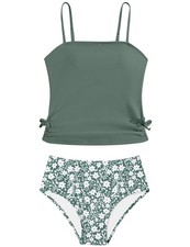 Girls Swimsuit Size 10 12 Tankini Set Kids Bathing Suits Green Floral Two Pie...