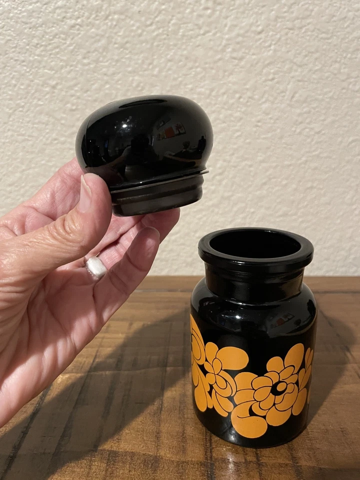 Tarros de boticario de vidrio negro vintage años 60 Bélgica tapas de burbujas flores naranjas Foto 3 de 4