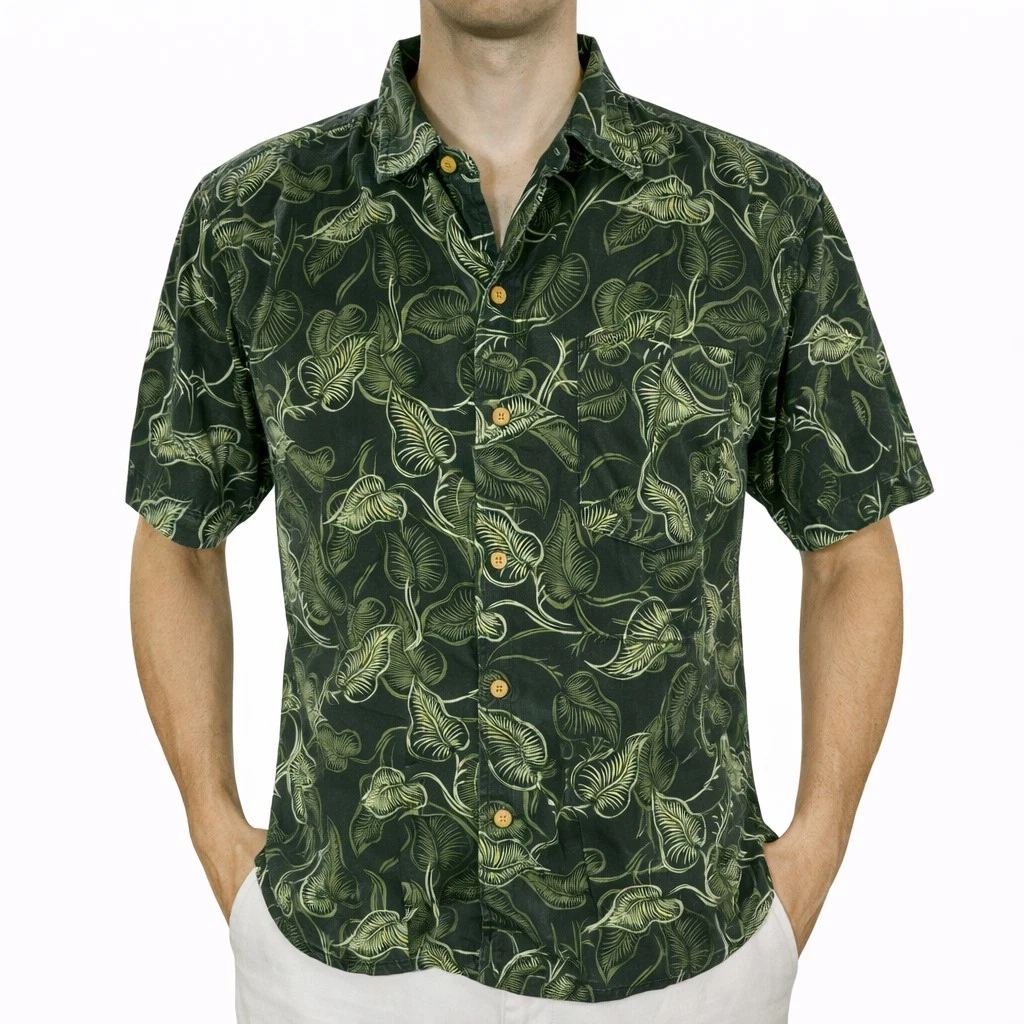 Cherokee Waikiki Hawaiian Aloha Shirt Large Floral Tropical Leaves Dark Green