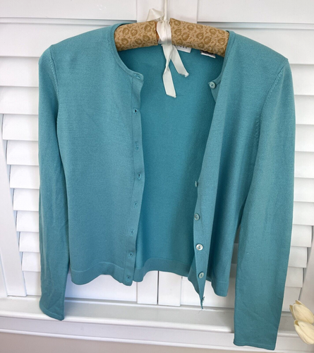 Barneys New York Silk Blend Twinset Cardigan Sweater Pale Aqua Blue Size XS - Picture 2 of 24
