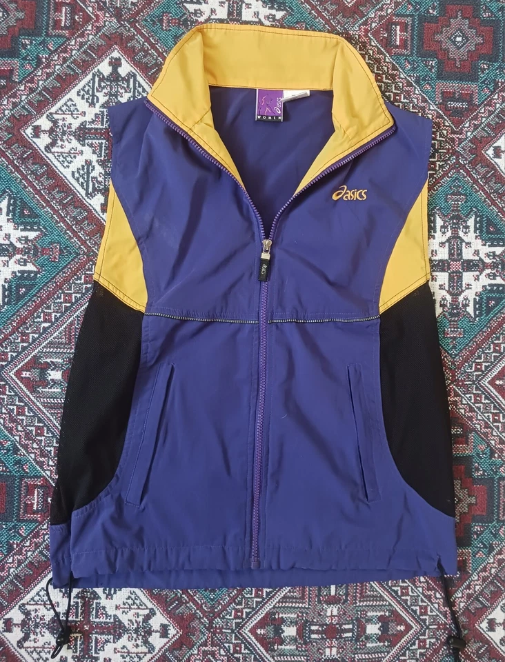 Chaleco cortavientos vintage años 90 ASICS para mujer cremallera completa talla mediana púrpura amarillo  Foto 2 de 4