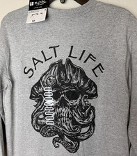 SALT LIFE youth Sz Medium Long Sleeve Gray Graphic T-shirt Captain Octo NEW
