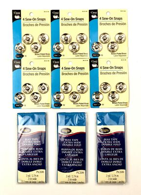 Dritz 4 Sew-On Snaps Size 10 and Wrights Double Fold Bias Tape 3 yd Lot of 9
