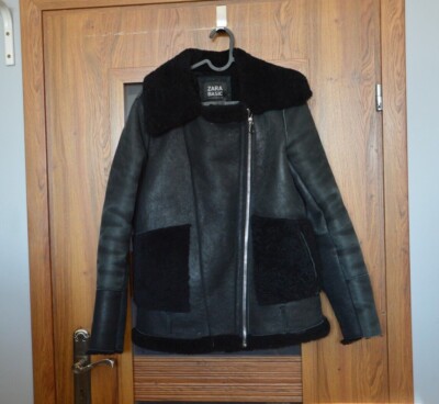 ZARA WOMEN SS16 SHEEPSKIN AVIATOR REAL LEATHER JACKET BLACK BIKER