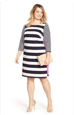 Eliza J Womens Size 12P Black White Striped Dress Hot Pink Accents 3/4 Sleeve