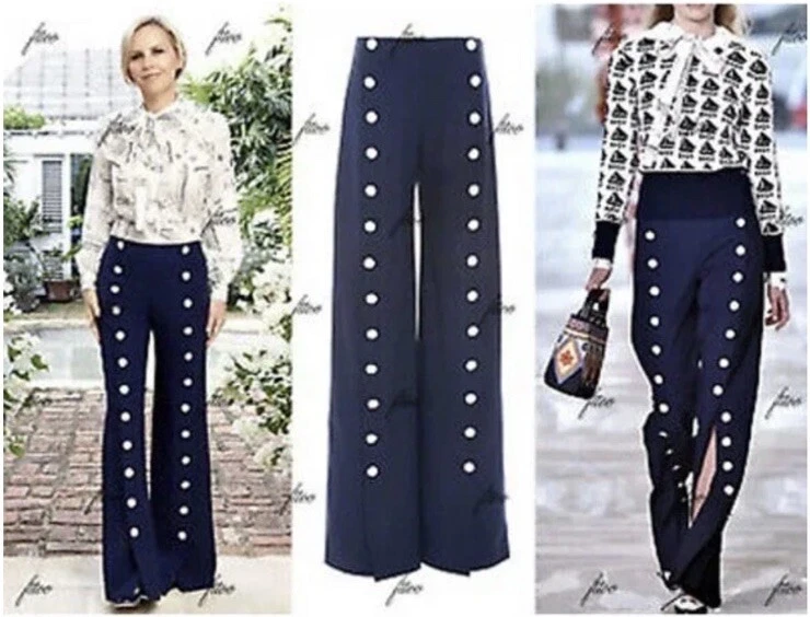 Tory Burch Carrie Button-embellished Wide-leg Pants 14 NWT