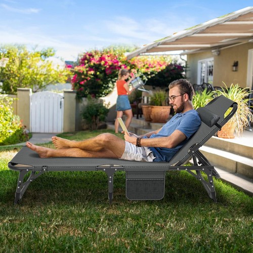 ABORON Outdoor Chaise Lounge Chair Adjustable Beach Chair Recliner Bed with Mat - Picture 14 of 22