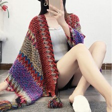 Women Chunky Knitted Scarf Shawl Cape Fringe Striped Cloak Wrap Cardigan Ethnic