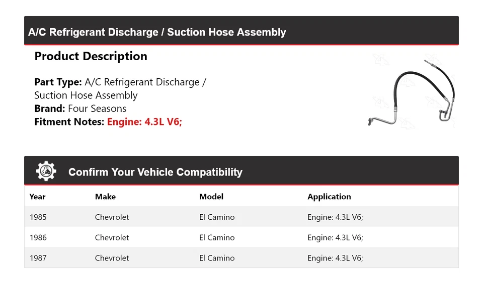 For 1985-87 Chevrolet El Camino Discharge  Suction Line Hose Assy 4 Seasons - Image 2 of 4