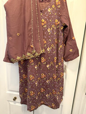 Handmade Women  s Pakistani Purple Floral Embroidered Chiffon Suit w/ Dupatta M