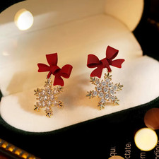 Red Bow Snowflake Drop Earrings for Women   Santa Snowman Holiday Dangle Earring
