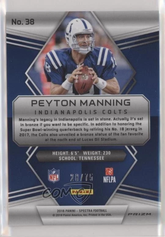 2018 Panini Spectra Neon Blue Prizm /75 Peyton Manning (Colts) #38 HOF - Image 2 of 2
