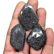 3 Pcs Natural Black Sunstone 34-35mm Rose Cut Flat Back Loose Gemstones Lot