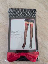 Leg Avenue Black Fishnet thigh high stockings with Red Satin Bows 9018 One Size