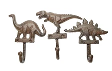 Dino Trio Wall Hooks Dinosaur Cast Iron Key Towel Coat Hanger Rustic Brown Gift