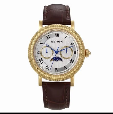 Berny 2262M Classic Moonphase - 40mm Gold Tone - Miyota Quartz - NEW