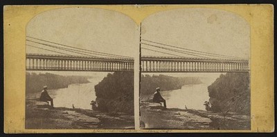 Photo:Niagara Falls Suspension Bridge Man Sitting 1860s Stereo Photo