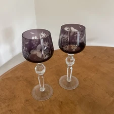 Pair Vintage Ajka Marsala AMETHYST Cut To Clear Crystal 8.5” Tall Wine Glasses