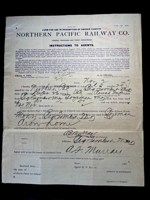   1897 NORTHERN PACIFIC RR UNBENUTZT TICKET RÜCKERSTATTUNG BIG TIMBER MT  ️