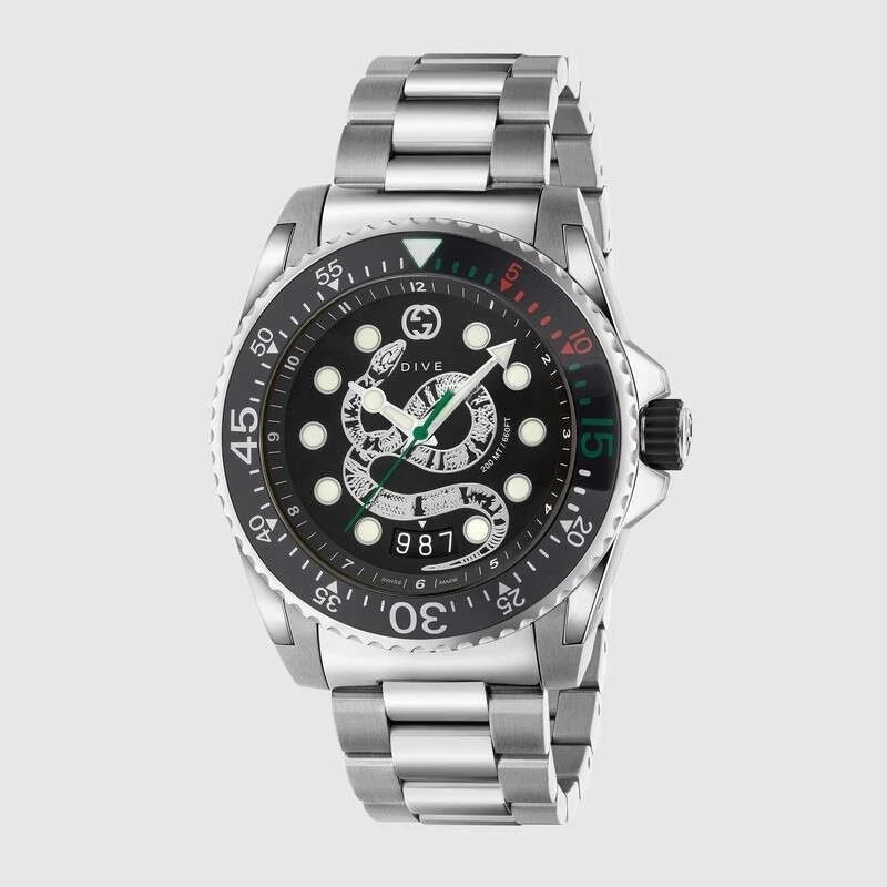 Orologio Gucci Dive 45MM Uomo Quarzo Svizzero Quadrante Nero Acciaio Inox YA136218