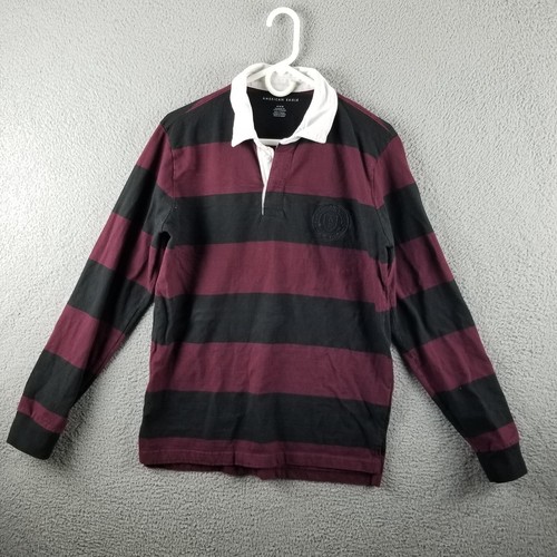 American Eagle Rugby Shirt Men Medium Maroon Black Stripe Long Sleeve