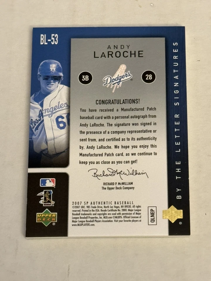 Andy LaRoche 2007 SP Authentic By The Letter D Signatures Auto Patch 01/60 Card - Image 4 of 4