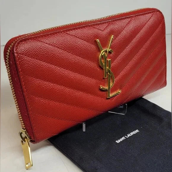 YSL Yves Saint Laurent Red Leather Matelasse Long Zippy Wallet.