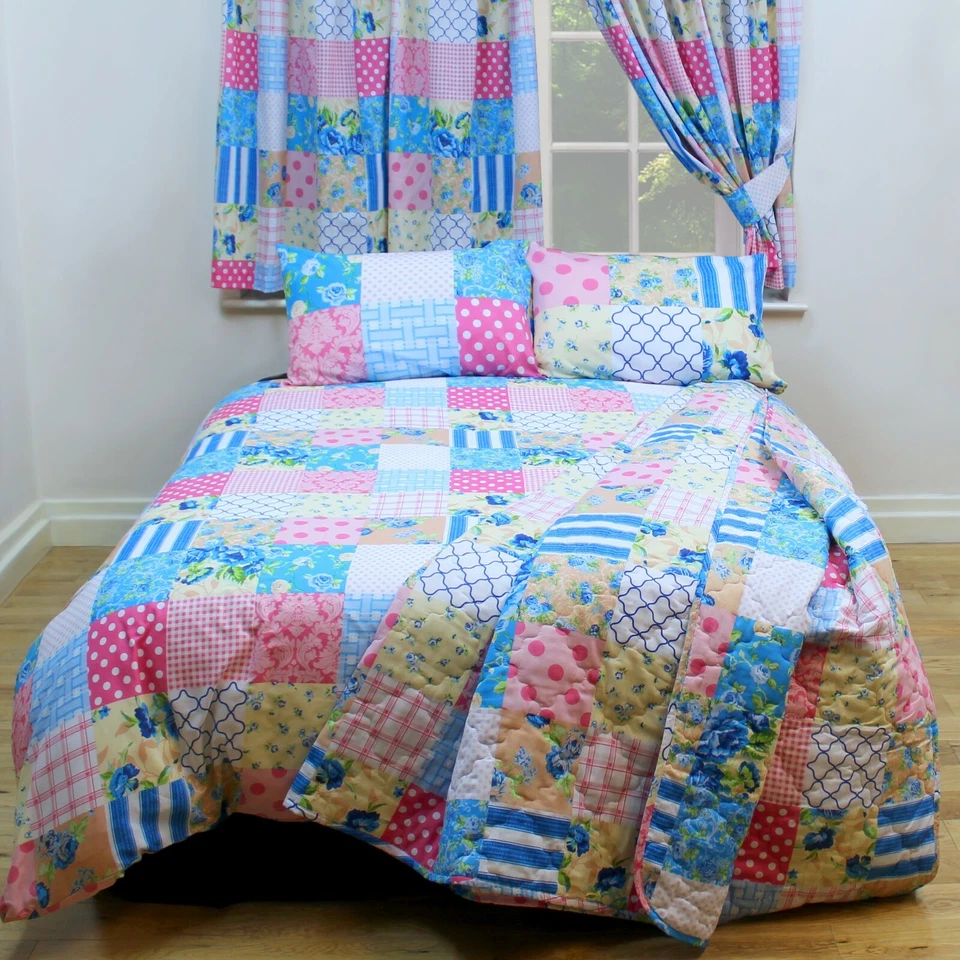 MY HOME King Size Patchwork Blue Pink Cream Floral Duvet Cover Set Polkadots