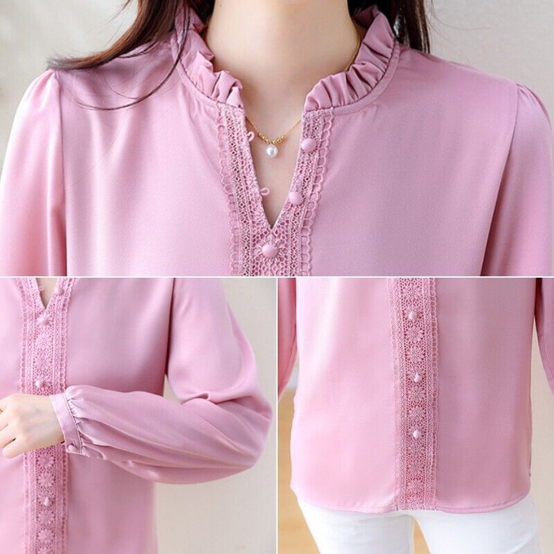 Lady Satin Pullover Tops Blouse Shirt Stand Collar Lace Long Lady Satin Pullover Tops Blouse Shirt Stand Collar Lace Long