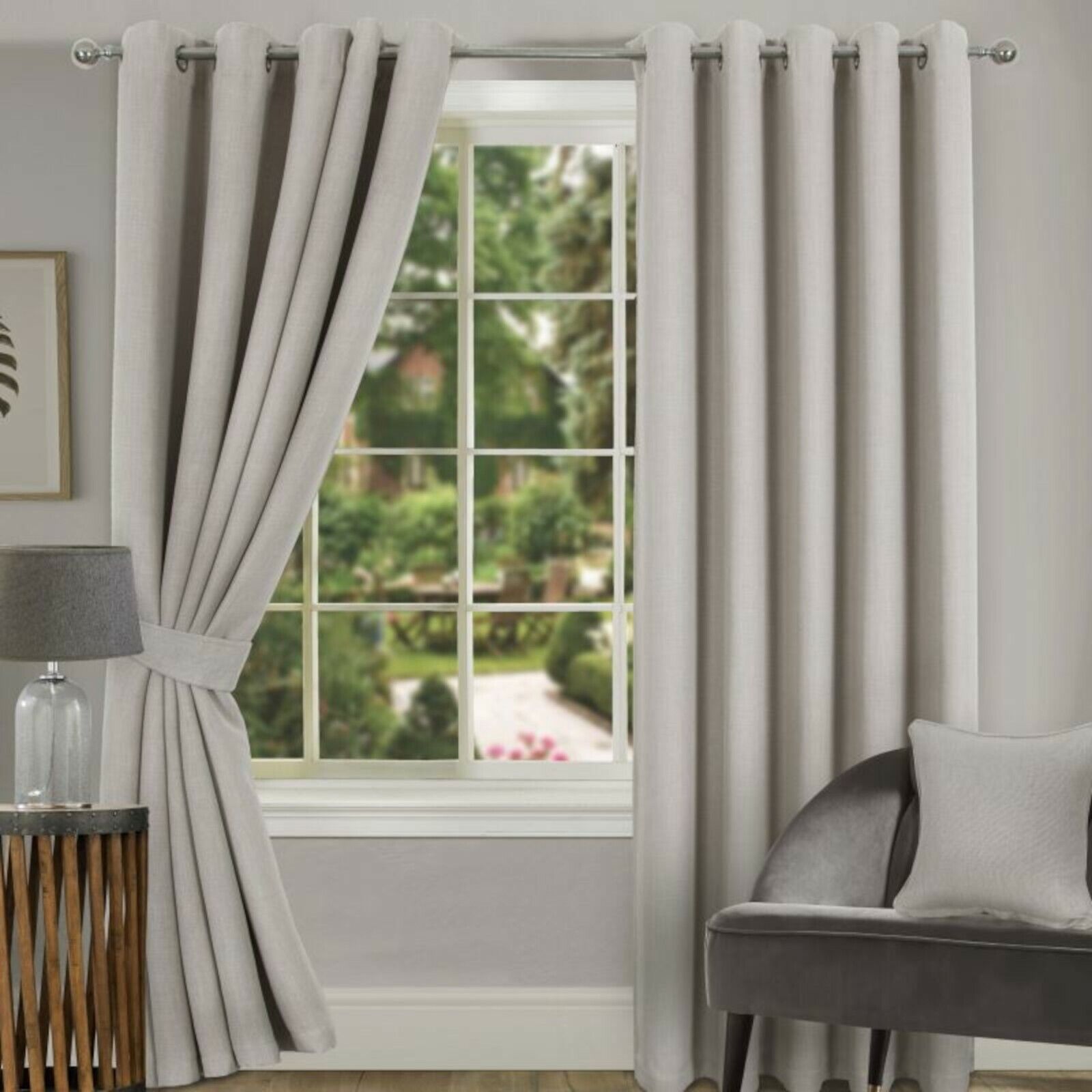 Blackout Textured Woven Linen Effect Pair Of Ring Top Natural Thermal Curtains Nowa praca wysokiej jakości