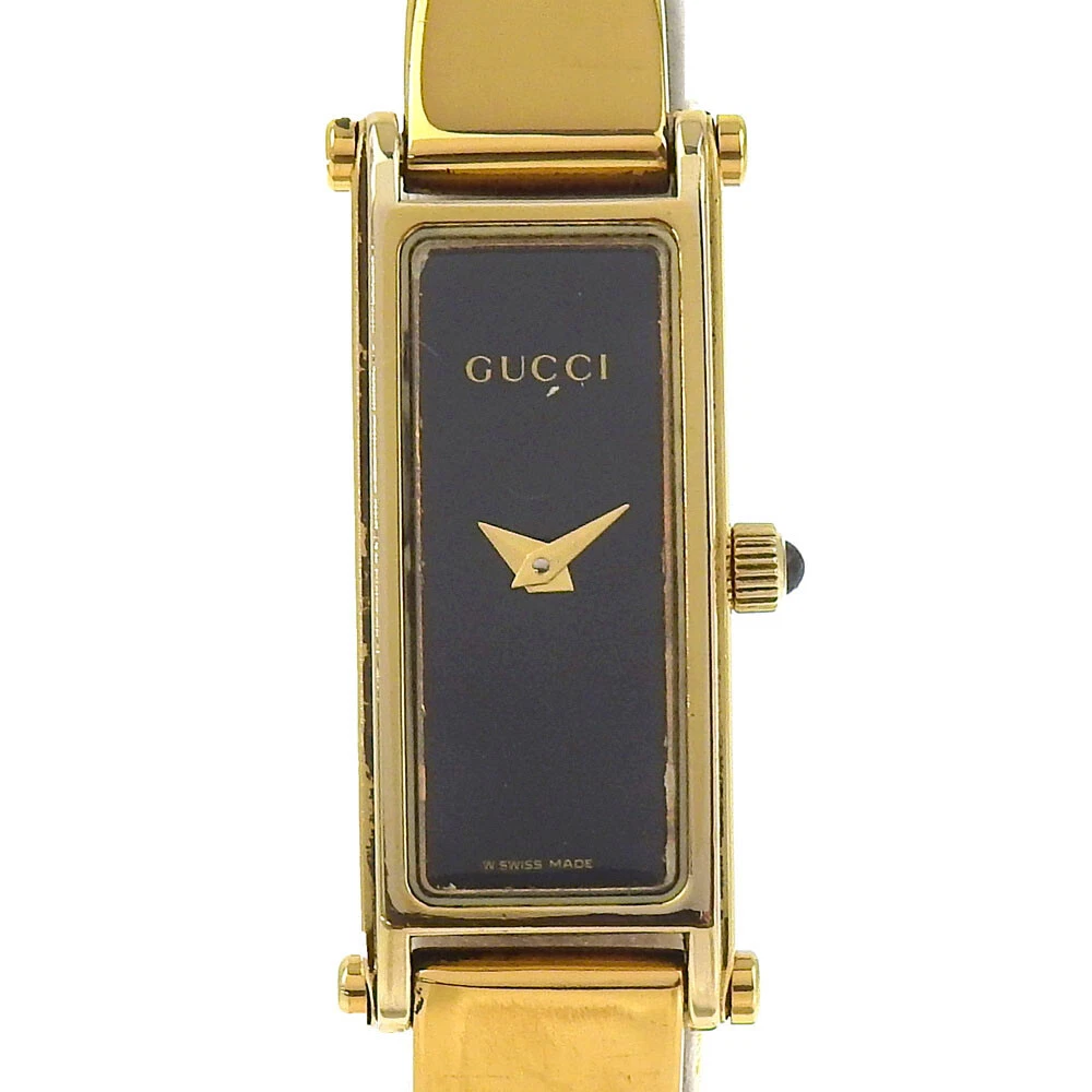 GUCCI Bracelet Montres 1500L Cadran Noir Plaqué Or Quartz Analogique Displ...