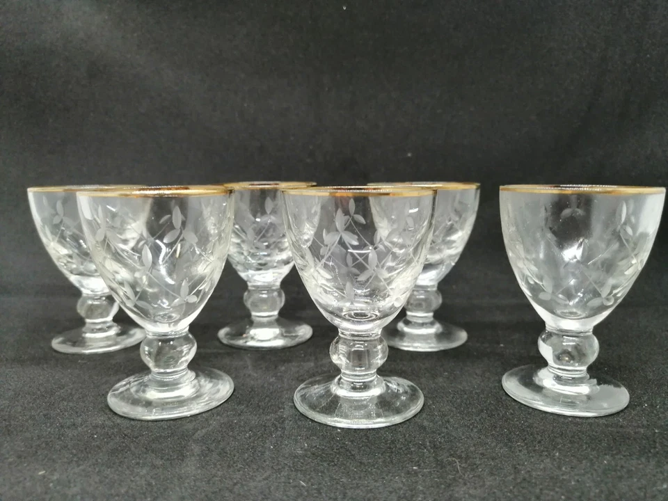 VINTAGE 2 SET OF 6 OLD Glasses LIQUOR WINE SHOTS CUPS golden lines & decorated - Image 2 of 4