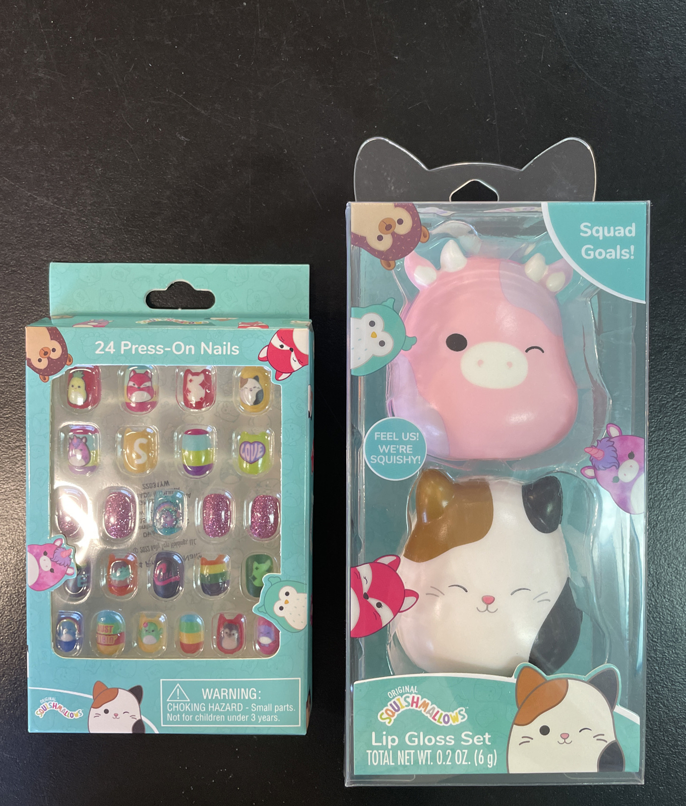 Squishmallow Lip Balm Gloss Set w/ Patty Cow & Cam Cat And PressOn