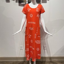 MAXIMA Orange Fish Print Long Beach Summer Shift Dress Cotton Cover up w Pockets