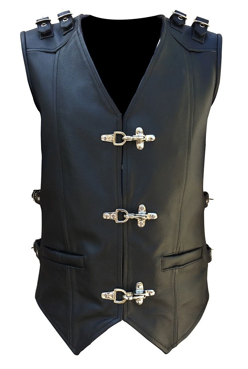 Mens Genuine Black Leather Motorcycle Biker Vest V Neck Motorbike Waistcoat Vest