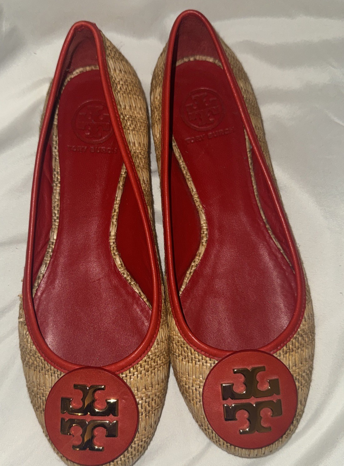 TORY BURCH Reva Ballet Flats Raffia Straw Red Leather Gold Logo Size 9M