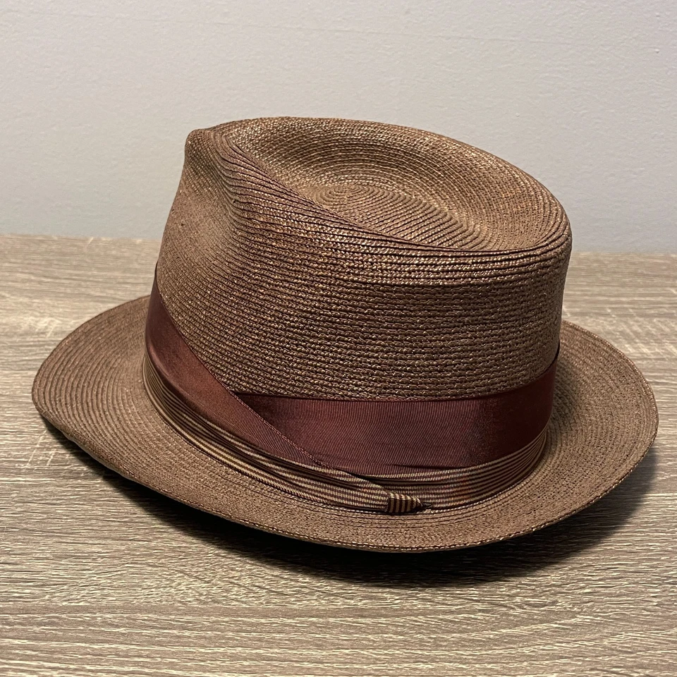 Sombrero de Colección Años 50 Knox New York Fedora Para Hombre Talla 7 Milán Paja Marrón Cinta Foto 3 de 4