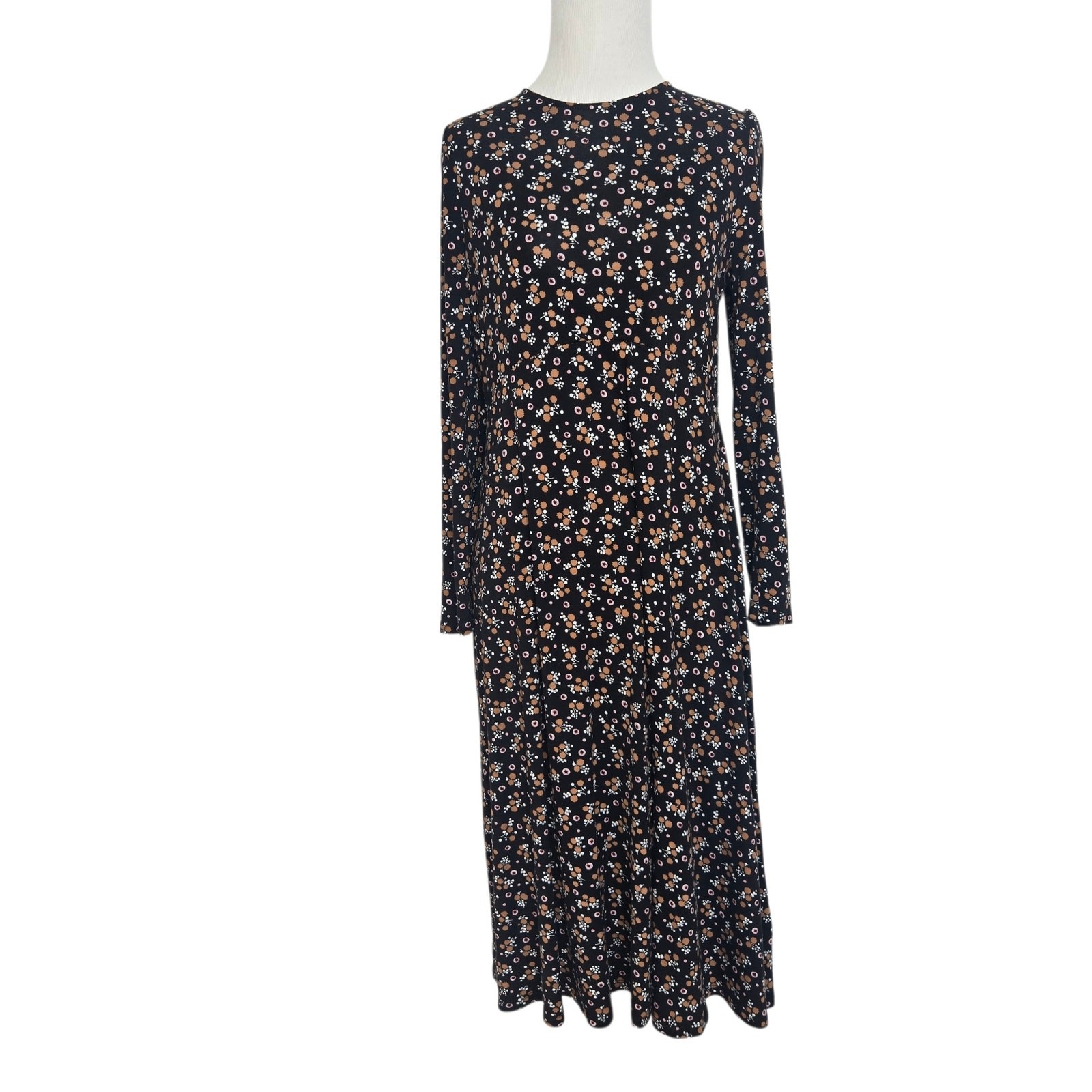 Boden Crew Neck Jersey Midi Dress Black Floral Stretch Office Fall Women 6P