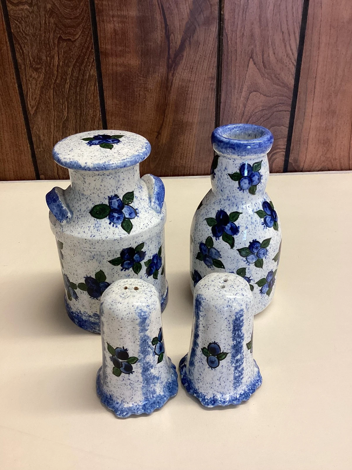 Blue Floral Ceramic Salt Pepper Shakers Jar Set Vintage Milk Can Speckled Decor