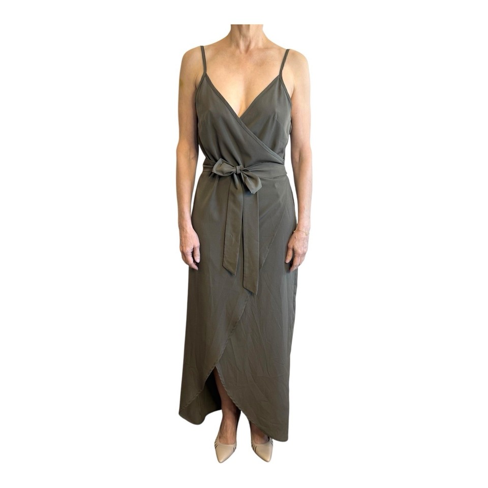 Nizetti Size SM 8 10 12 Olive Khaki Green Crepe Wrap Dress With Waist Tie