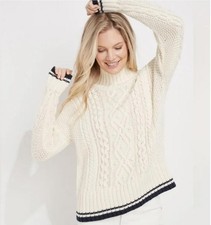 Vineyard Vines Sweater Womens Small Tipped Island Fisherman Mockneck Cream/Navy