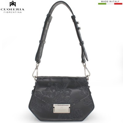 Cuoieria Fiorentina Italian Tuscan black leather crossbody bag floral pattern
