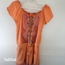 Unbranded Girls Boho Chic Orange Embroidered Short Sleeve Romper M