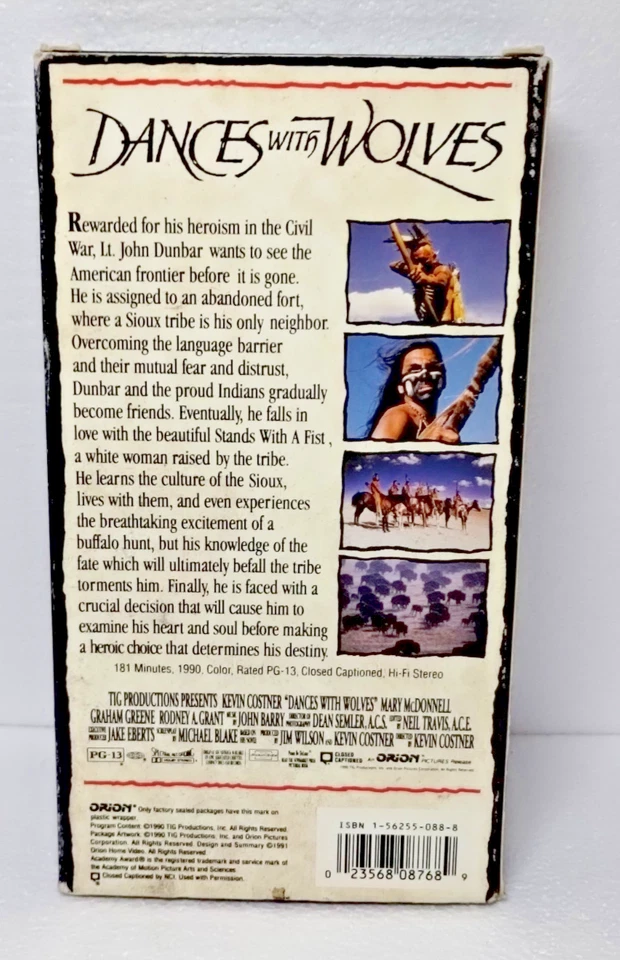 Dances with Wolves Kevin Costner Mary McDonnell Graham Greene VHS 1990 - Image 3 of 4