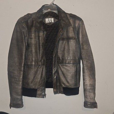 Men's Gray Leather Bomber Jacket Zip Front Lined Pockets Short Point Collar
